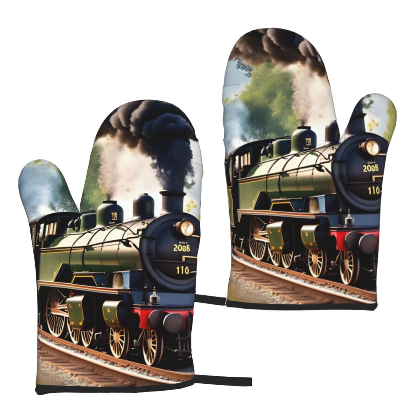 Nimongt Women's Black Steam Little Train Print Adults Universal Fit Heat Resistant Oven Gloves Reusable Cooking Outdoor Grilling
