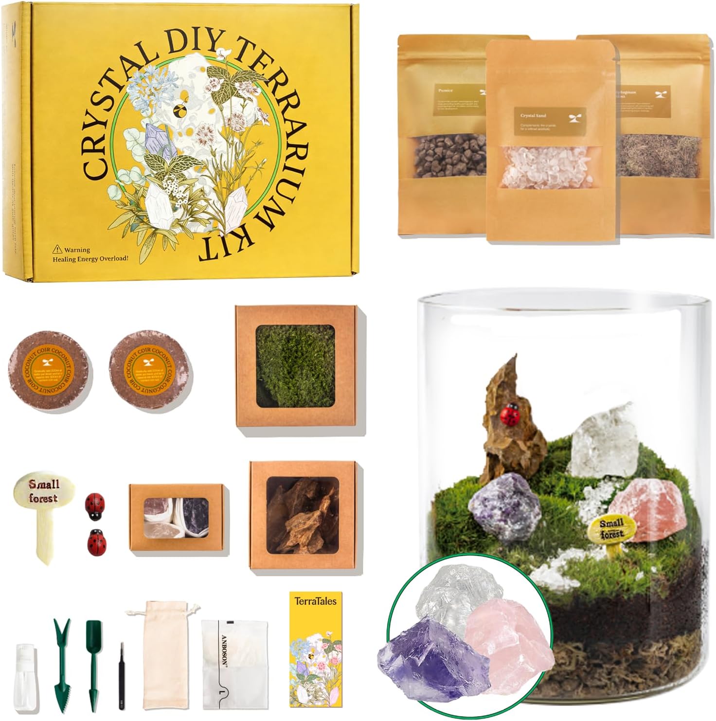 DIY Crystal Terrarium Kit– All-In-One Starter Kit with Preserved Moss, Pumice, Crystals, Coconut Coir, Gardening Tools & Decor | Healing Gift for relaxing | Plants & Crystal Lovers | Home & Desk Decor