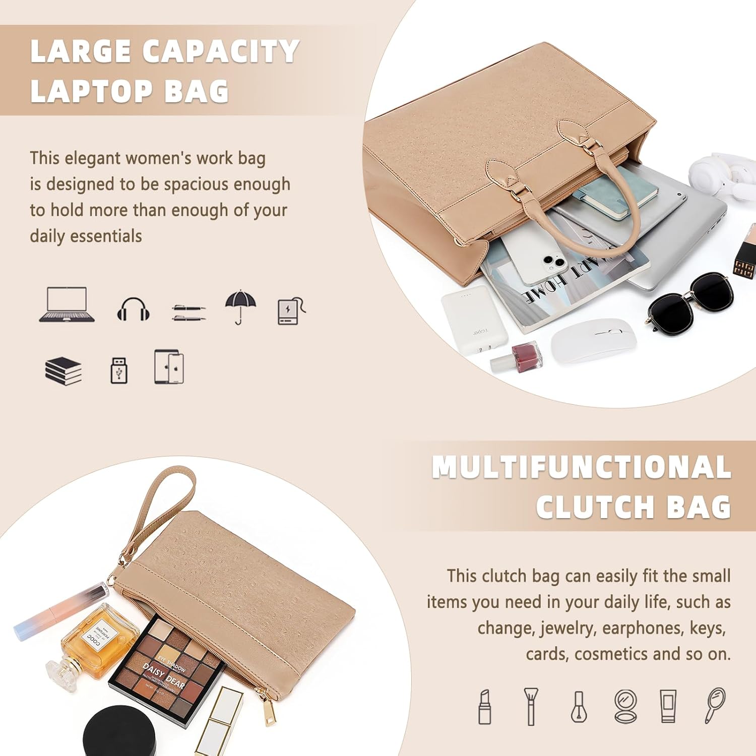 BOLOSTA Laptop Bag for Women 15.6 inch Work Tote Bags for Women Large Waterproof Leather Computer Bag with Clutch Purse