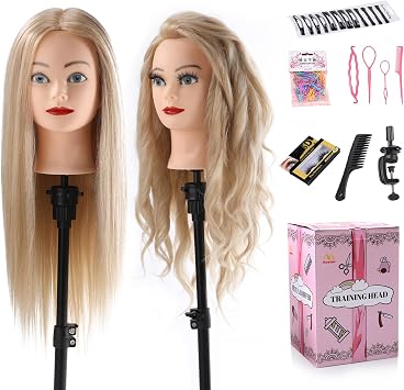 Hairdressing head 70% Real hair, Mannequin Head with Hair Doll Head for Hair Styling Cosmetology Training Styling Head Practice Head with table clamp + Hairdressing Tools Accessories Set