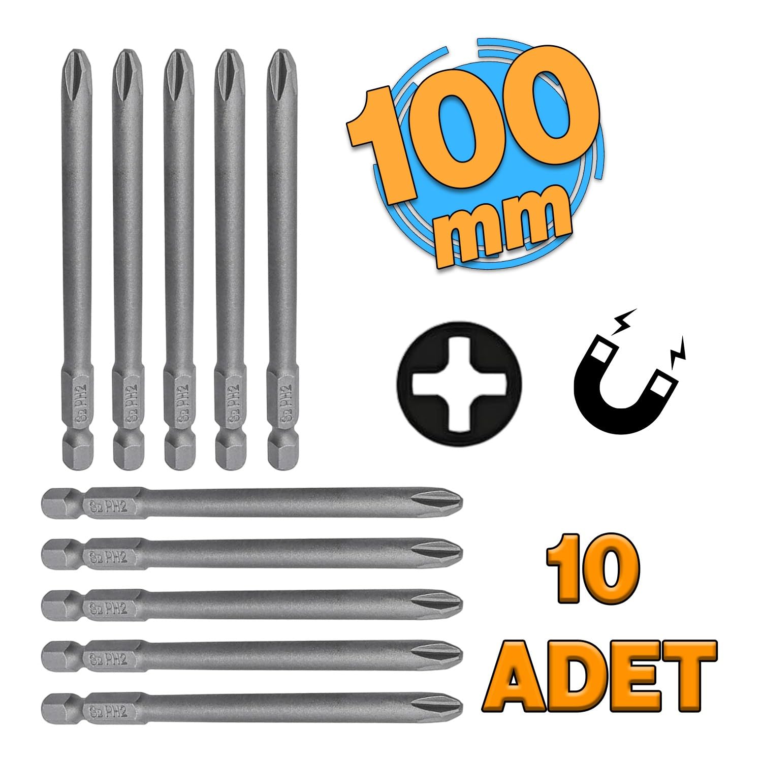 Mıknatıslı Yıldız PH2 Bits Uç 100 mm 10'lu Set Kutulu Manyetik 1/4 Matkap Ucu 10 cm Uzunluk