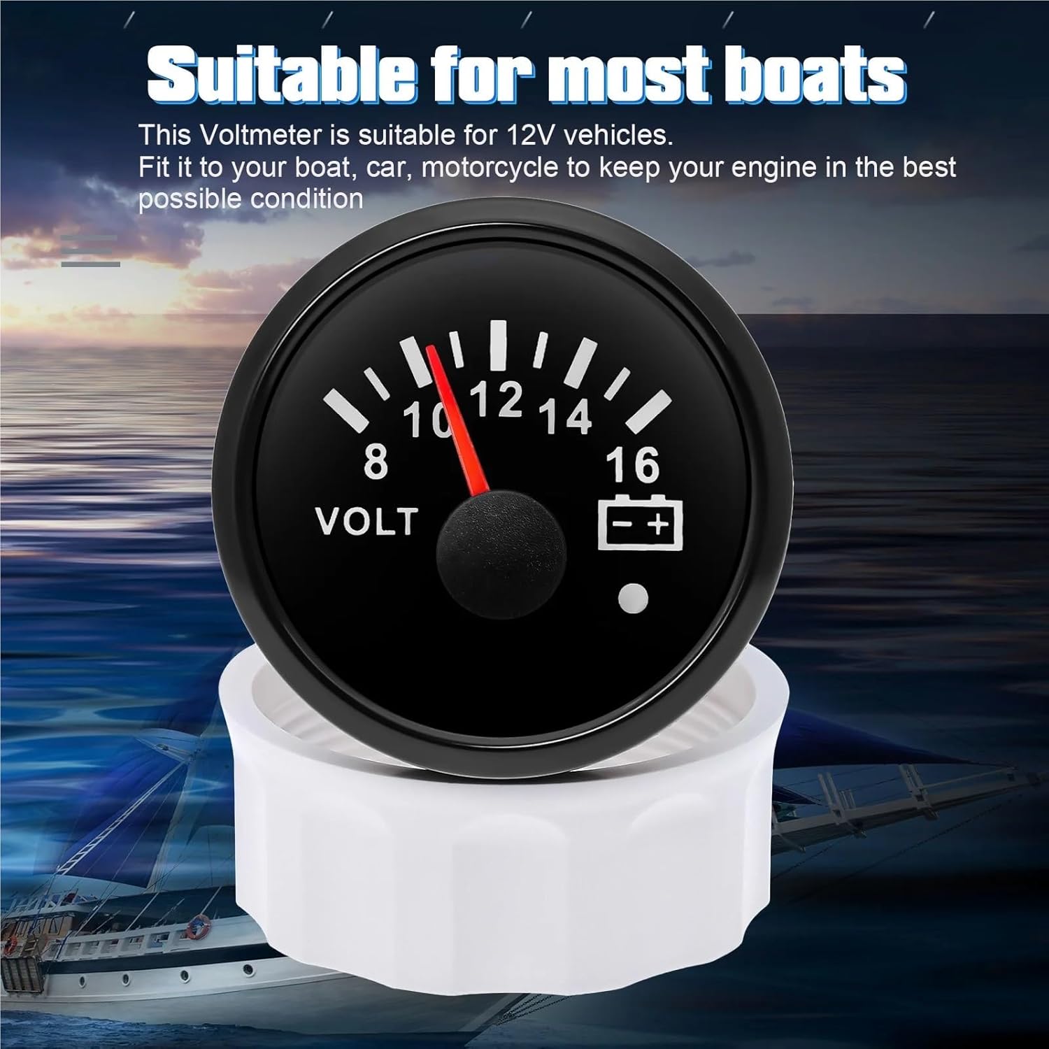 Voltmeter 2" 52mm Gauge Voltage with Alarm Red Light 8-16V Volt Compatible with Universal Car Boat Marine 12V 24V(8-16V BS)