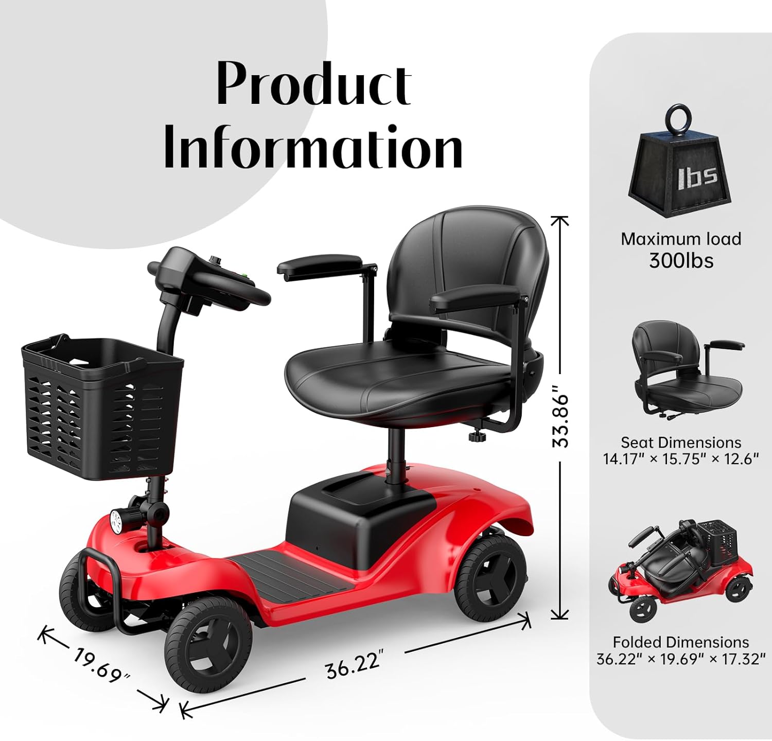 Mobility Scooter for Adults,4 Wheel Mobility Scooter,15 Miles Range,300WHBattery,300LBS Capacity,Lightweight andPortable,with LED Headlights andBasket,Charger Included（Red）