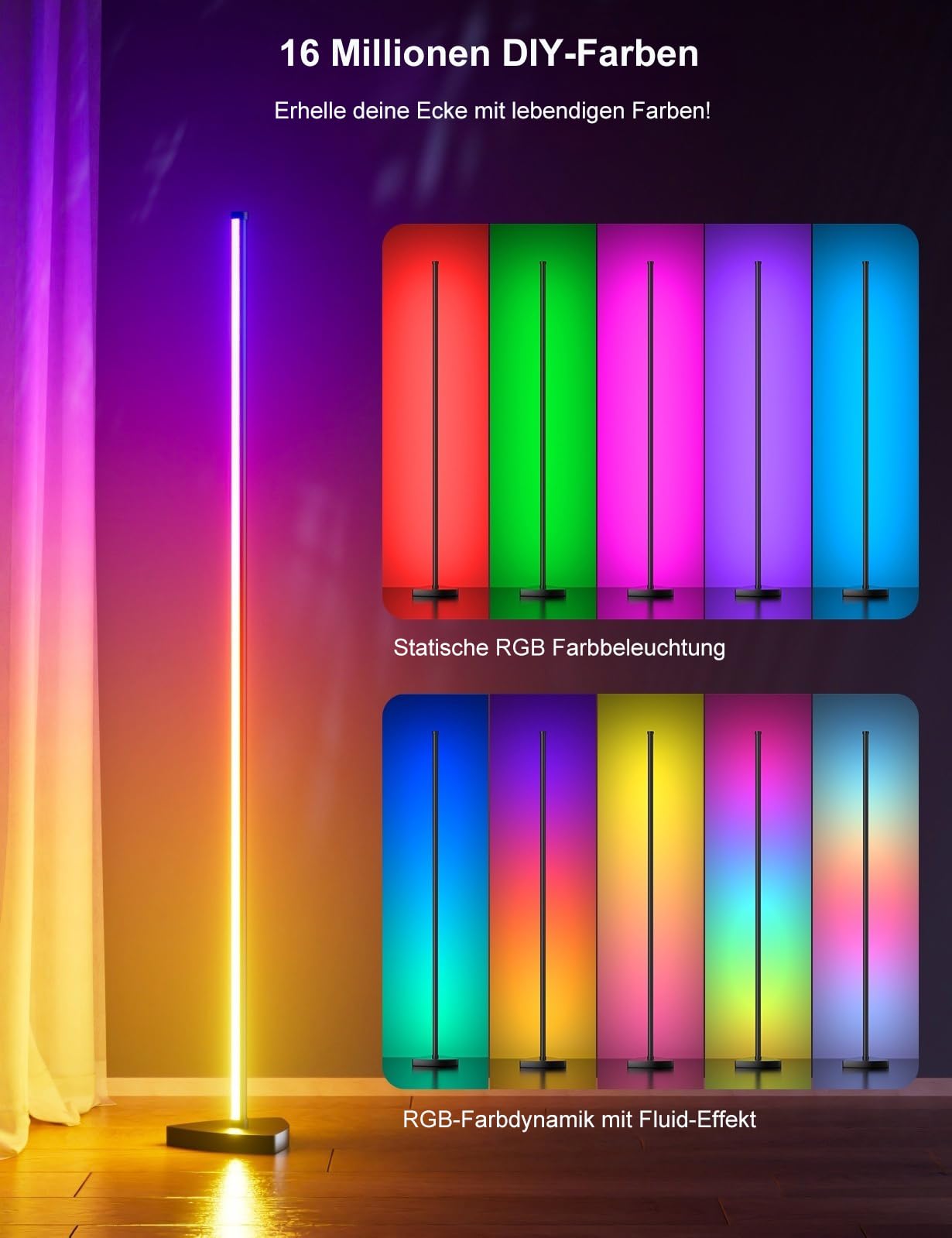 Lampada da terra a LED, 180 cm, con telecomando e controllo app, 16 milioni di colori fai da te, musica sincronizzata, luce bianca calda, ad angolo, per soggiorno, camera da letto, sala giochi