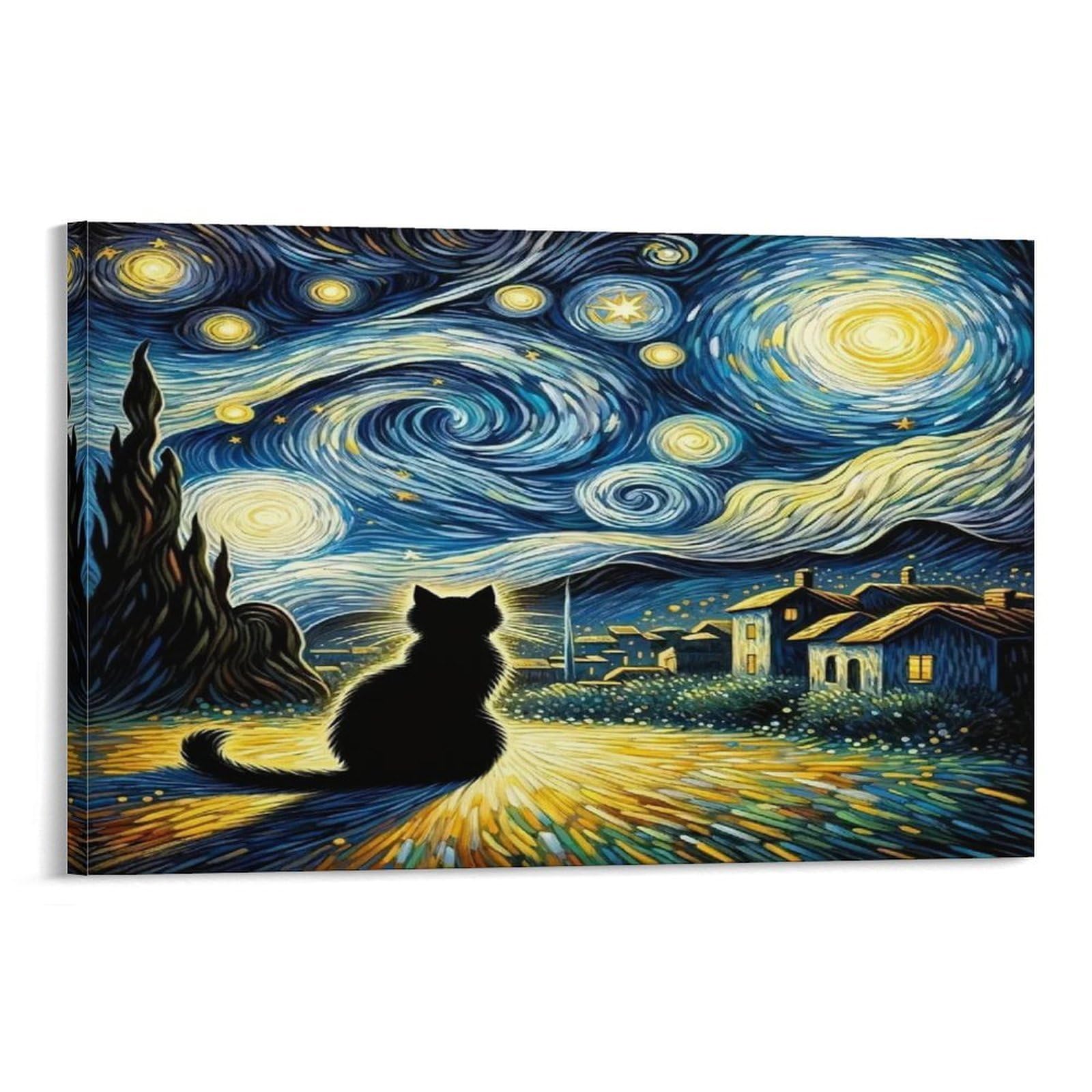 CPLVKWRQJ Starry Night Venice Canal Scene Single Piece Black Cat Watching Swirling Starry Night Sky Framed Wall Art - Living Room Gallery Wall Focal Point Ready to Hang Decor 20x30inch(50x75cm)