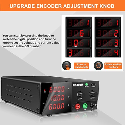 Miniatura 4 de NICE-POWER Fuente de alimentación de CC variable, 60V 10A 600W Fuente de alimentación de banco de alta potencia con perilla de codificador, fuente
