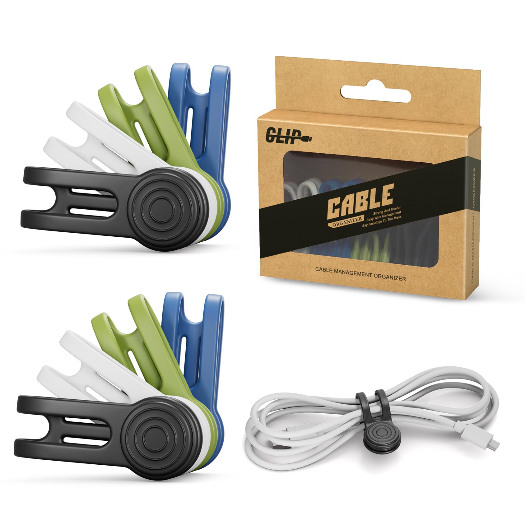 Xrkuu Magnetic Cable Ties 8 Pcs, Reusable Elastic Cable Organiser, Silicone Cord Organiser Straps with Prevent Loss Hole for Management Bundling, Wires, Charger, Earphone (Black, White, Green, Blue)