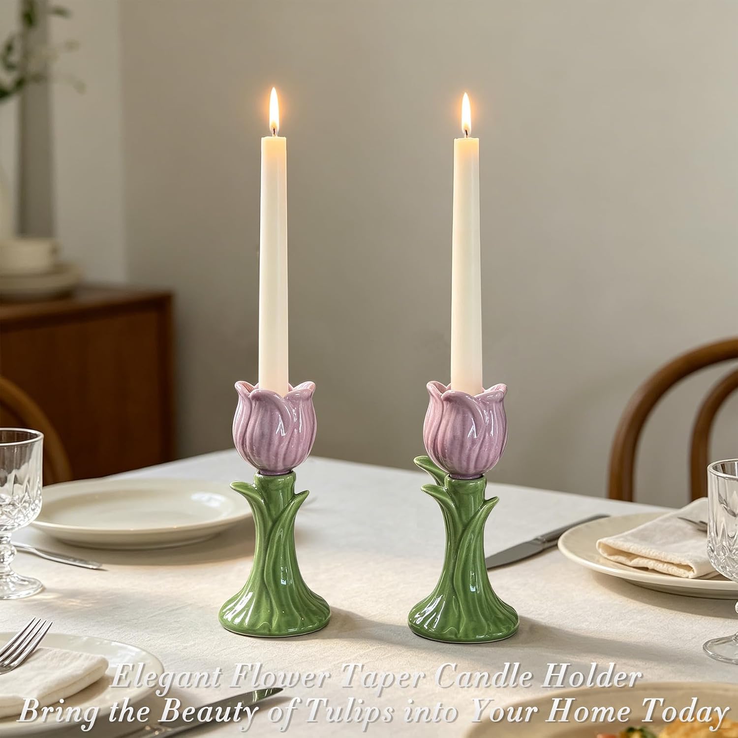Feminine Handcrafted Tulip Ceramic Flower Candle Holder 5.7" Elegant Taper Candlestick for Table Décor Wedding Baby Shower Birthday & Valentine's Day (fit 0.8'' Candle) Purple-1Pcs image 4