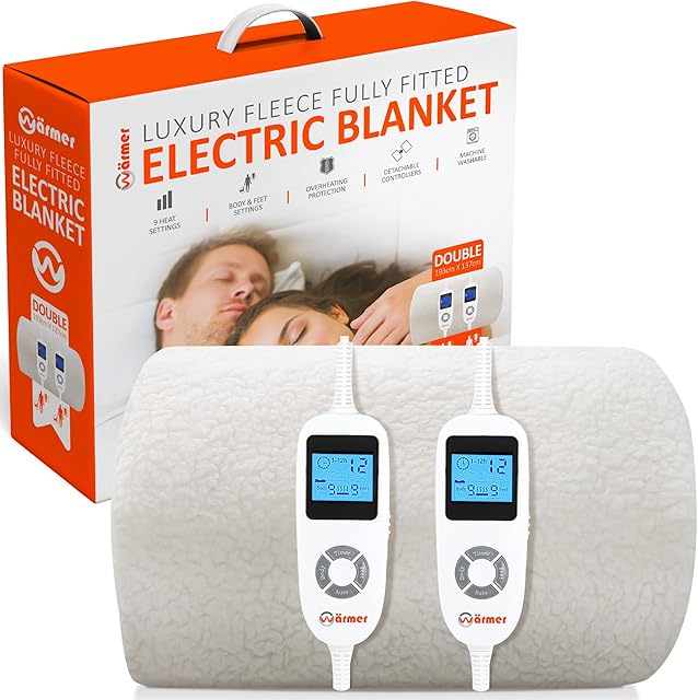 WÄRMER Luxury Electric Heated Blanket - Fully Fitted Double - Fleece Material - Dual Controllers - Body and Feet Zone Settings - 12-Hour Timer and 9 Heat Settings