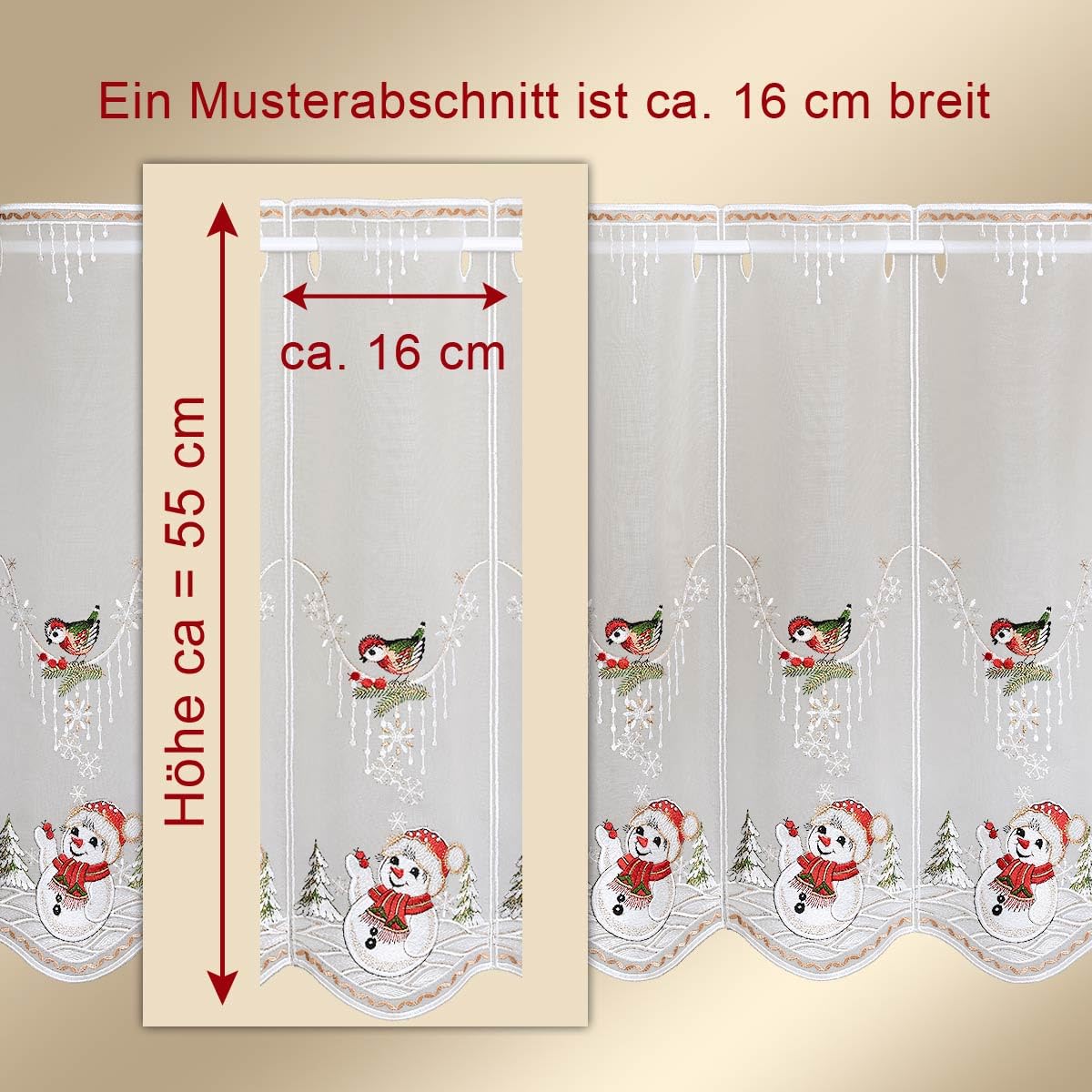 Bestickte Scheibengardine Winterspaß mit Schneemann aus Echter Plauener Spitze Scheibenhänger für Winter und Weihnachten 55 x 96 cm