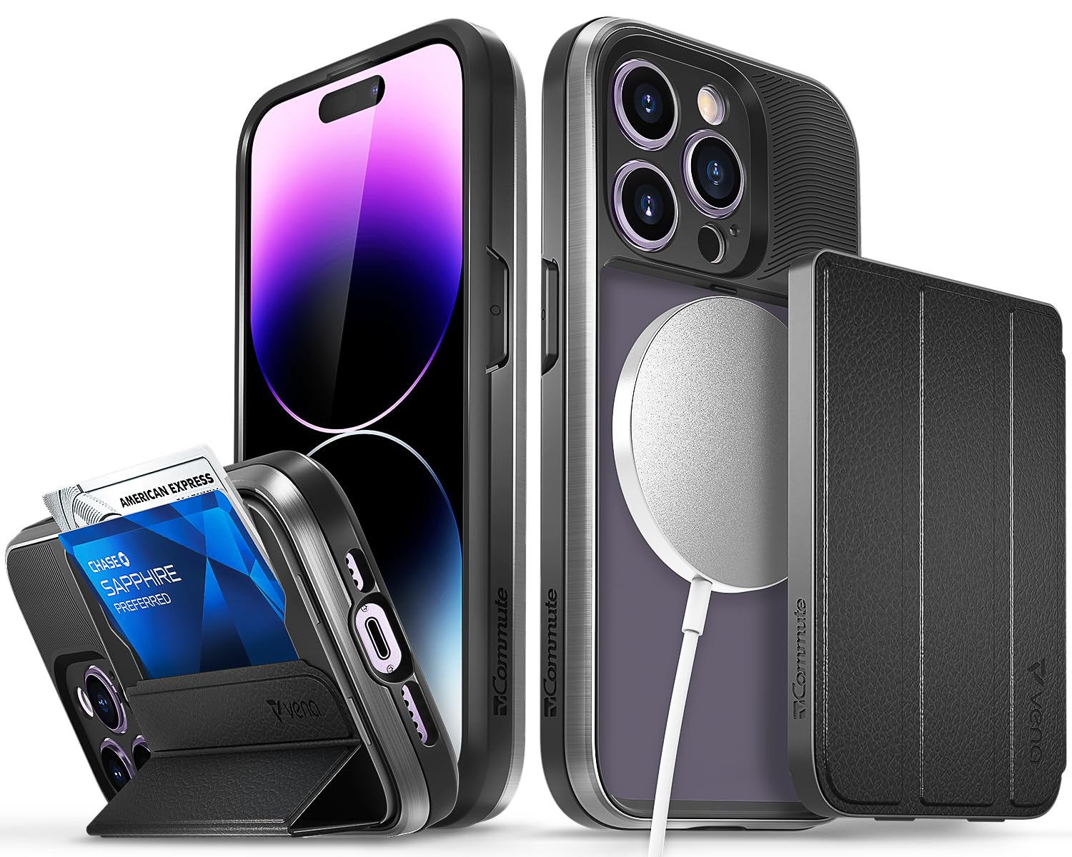 VENA vCommuteX Detachable Wallet Case for Apple iPhone 14 Pro (6.1"), (Magsafe Compatible, Military Drop Protection) Leather Cover Card Slot Holder