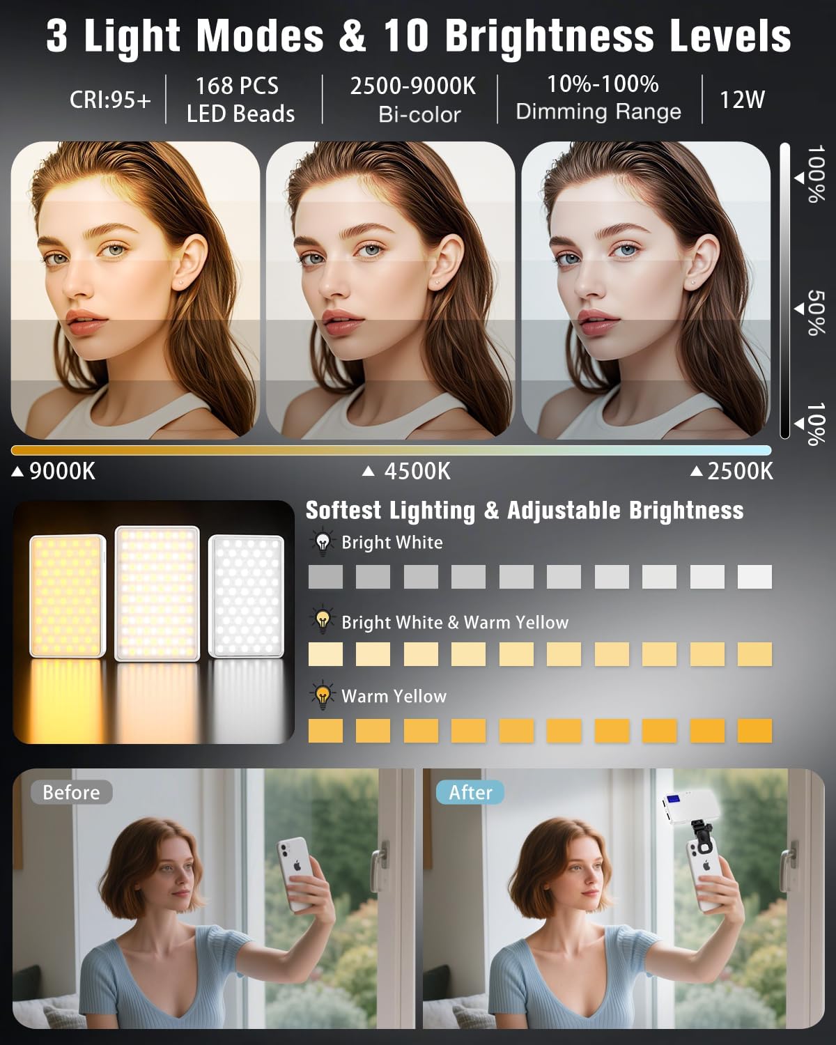 168 LED Portable Selfie Light Video Conference Light with Front & Back Clip, Rechargeable 3 Light Modes for Phone, iPhone, Android, iPad, Camera, Laptop, Makeup, Tiktok, Vlog(White)