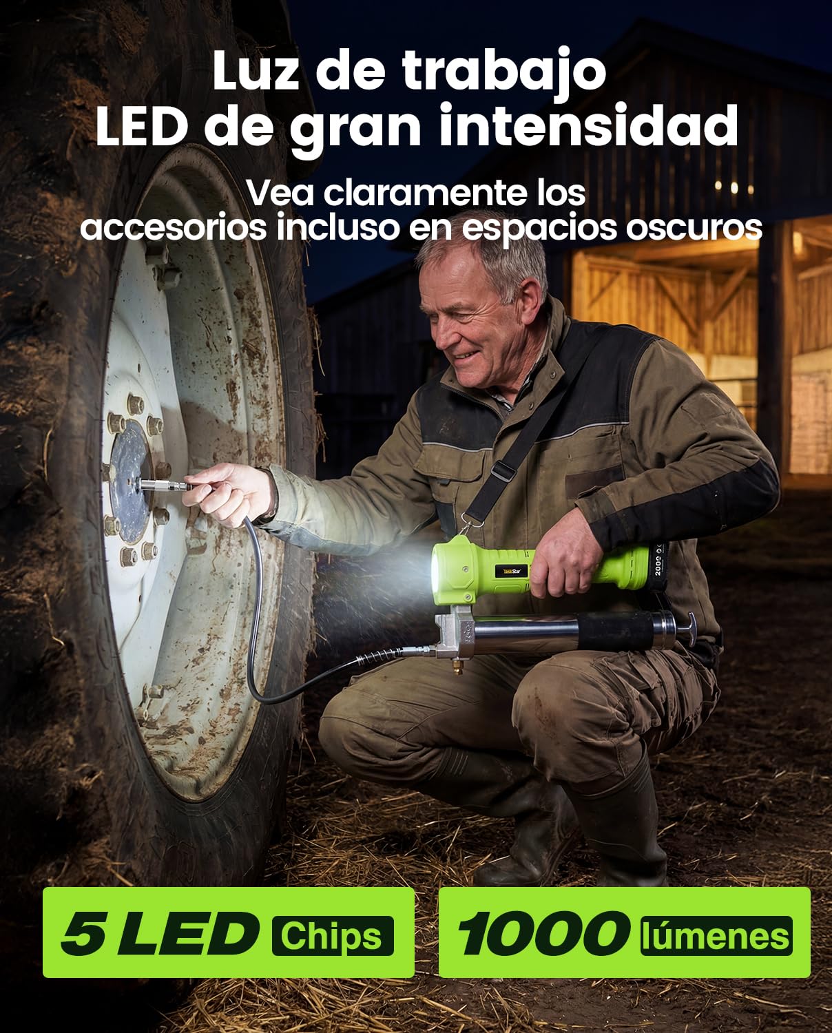 TaskStar Engrasadora Batería, [Super Eficiente] Kit de Pistola de Engrasar Eléctrica con 2 Baterías y Cargador, Manguera Flexible de 39,4”, Engrasadora de 10000 PSI con Luz LED Super Brillante, Verde