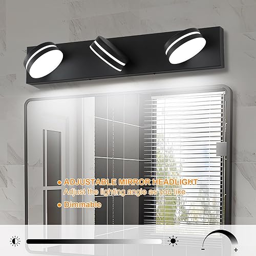 Miniatura 5 de Lámpara de tocador de baño de 3 luces (24 pulgadas regulable) negro mate, accesorios de iluminación LED modernos de pared de baño con cabezal de