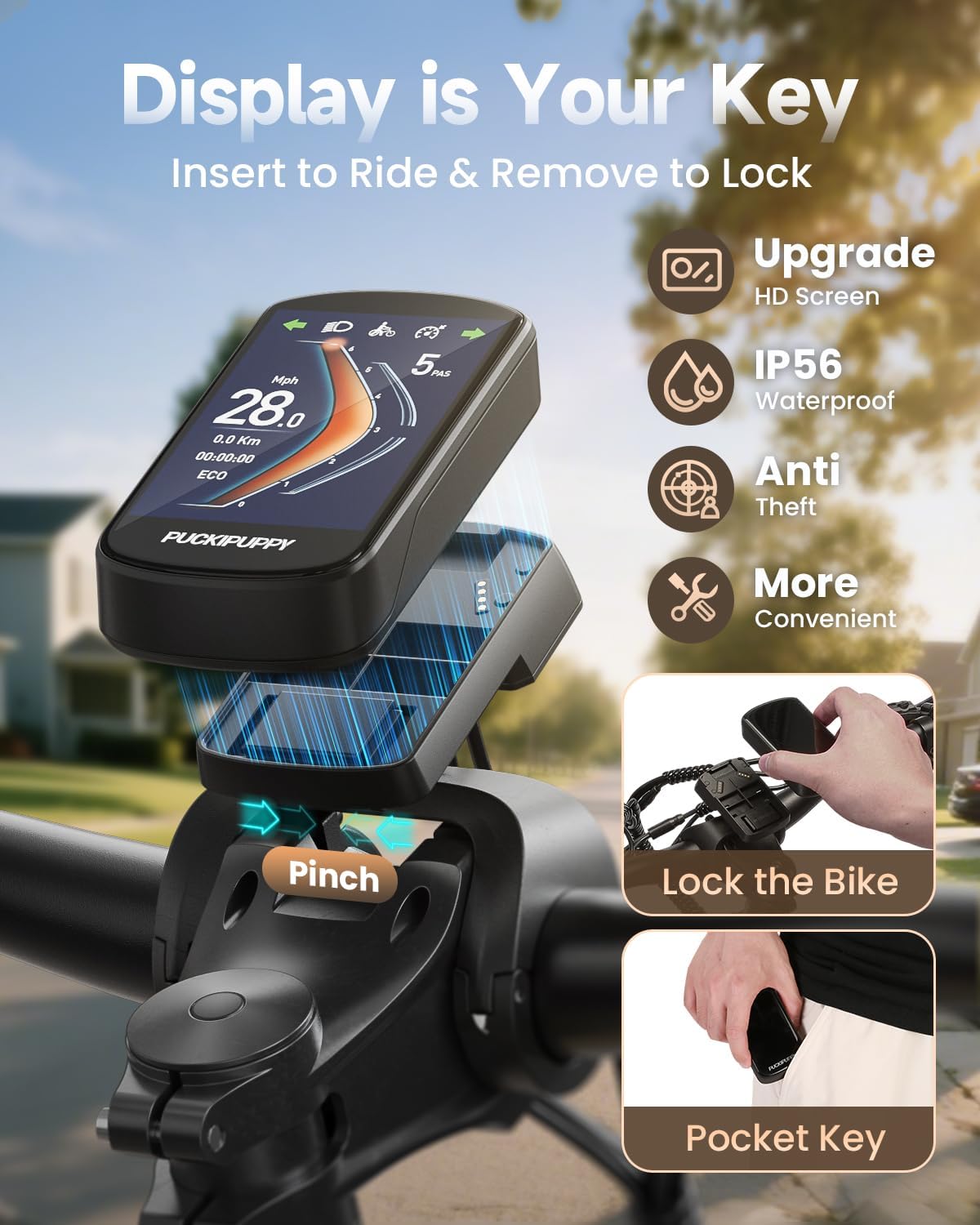 Close-up of the front wheel and hydraulic disc brake on the PUCKIPUPPY Bulldog Pro