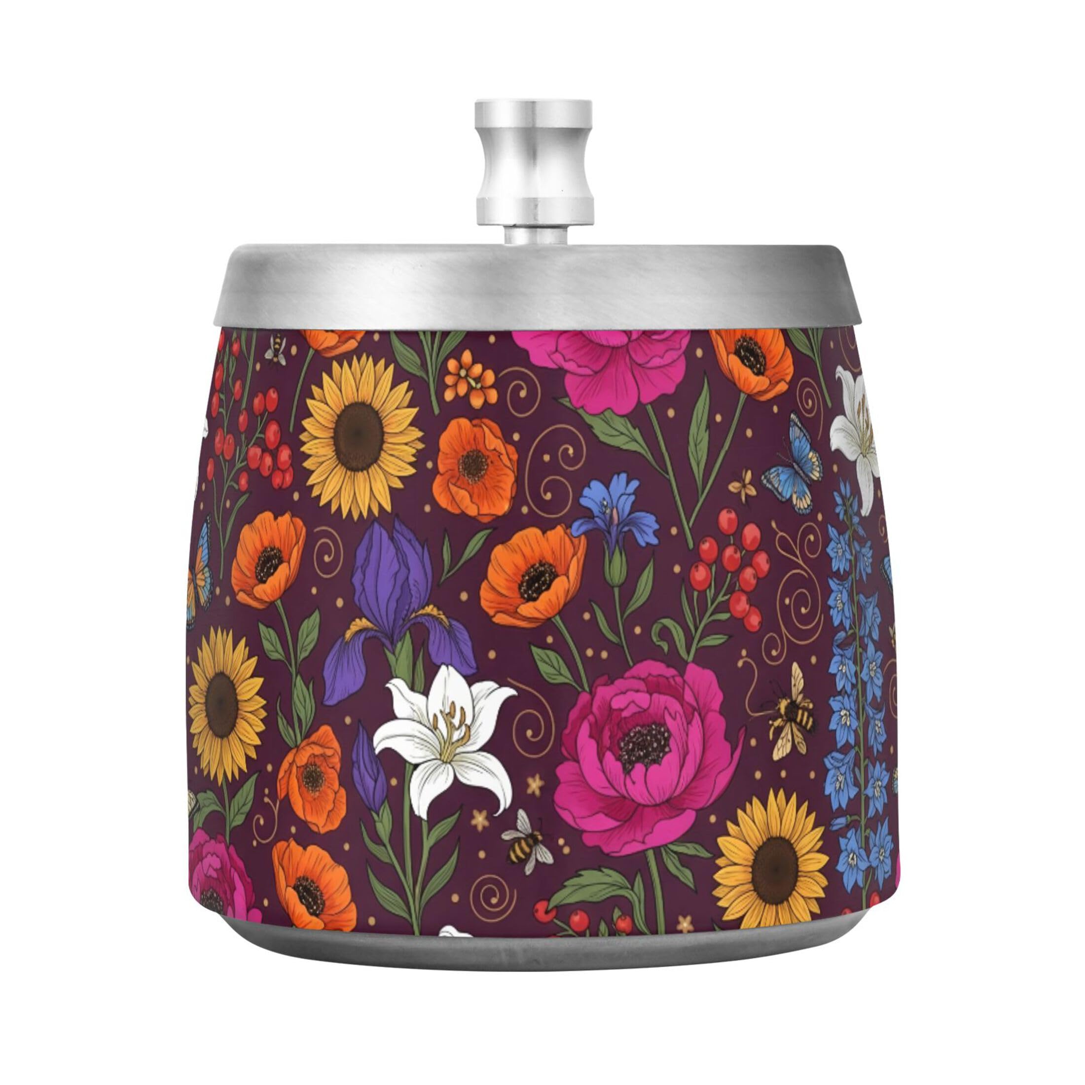Kutsu Wildflowers Ashtray for Cigarette, Smokeless Odorless Ash Tray Stainless Steel for Home Office, Anti-Slip Ashtray with Lid for Outdoor Balcony