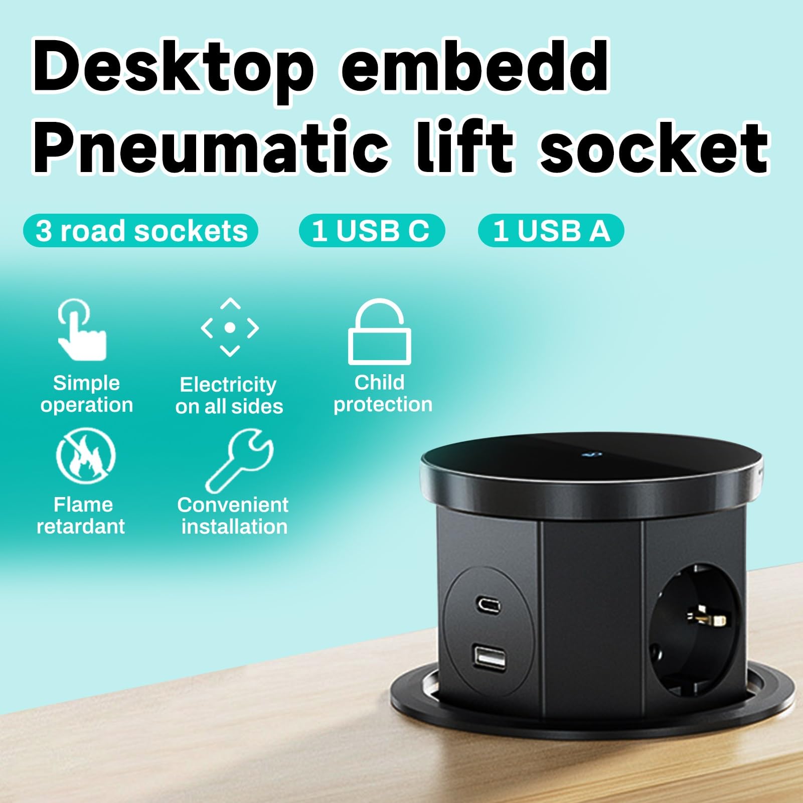DEWIN Multipresa a Scomparsa,2500W 16A Presa a Scomparsa 3 Scomparti con 1 USB C e USB A,Torretta Multipresa a Scomparsa con Ricarica Wireless da 15W,Cavo da 1,5M per Ufficio, Lavoro e Cucina(EU)