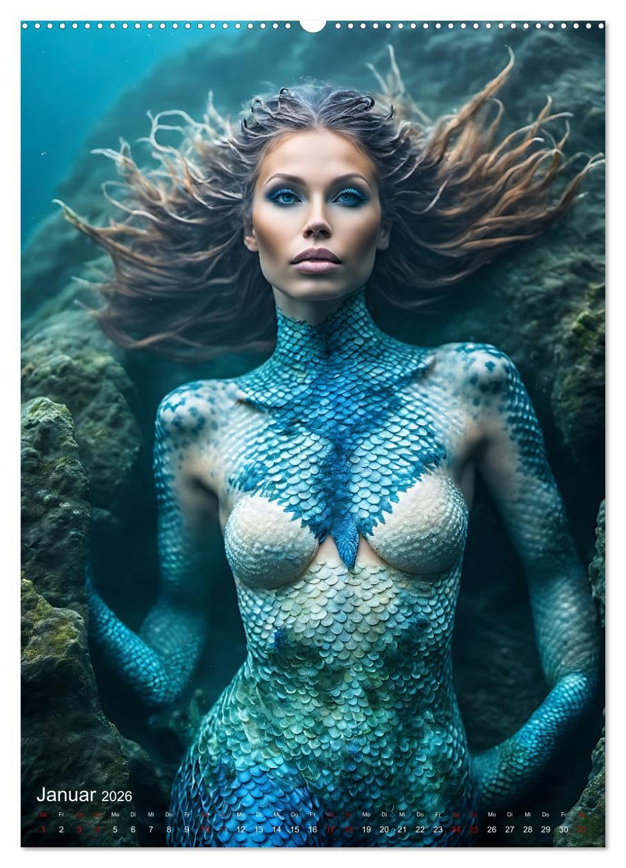 Verführerische Meerjungfrauen (Wandkalender 2026 DIN A2 hoch), CALVENDO Monatskalender: Traumhafte Bilder zauberhafter Wassernixen in einer märchenhaften Unterwasserwelt (CALVENDO Kunst)
