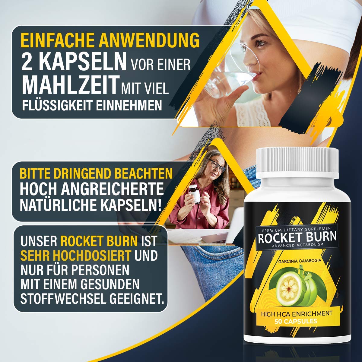 NEU: Rocket Burn + Garcinia Cambogia - EXTREM Kapsel Ergänzung für Frauen & Männer, die Kapsel für den Tag – POWER – ENERGIE