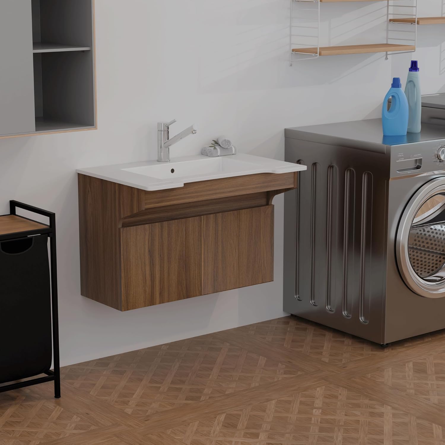 GESIPOR Bathroom Vanity Sink Ada Compliant with Engineered Wood Cabinet Wall-Mount Stone Resin Floating Vanity Modern Hand Support for Elderly, Seniors, Handicap & Disabled