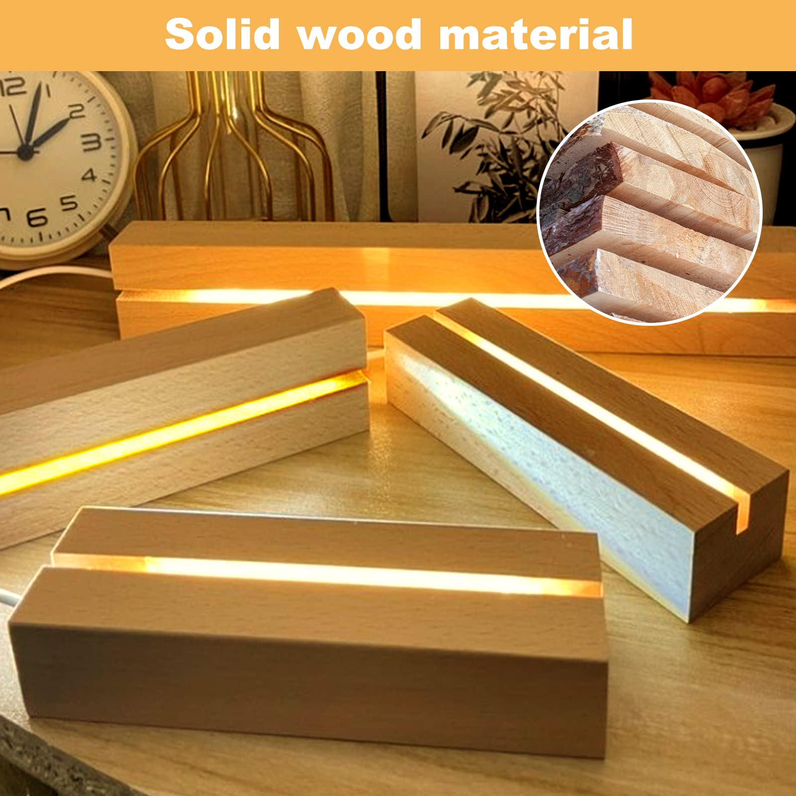 Vegena 2 Pezzi LED Luci Display Base, Base Luce Led Legno con USB, Base Rettangolare con Led per Lastra in Acrilico, Lastra in Cristallo (Lunghezza 20 cm, Bianco Caldo)