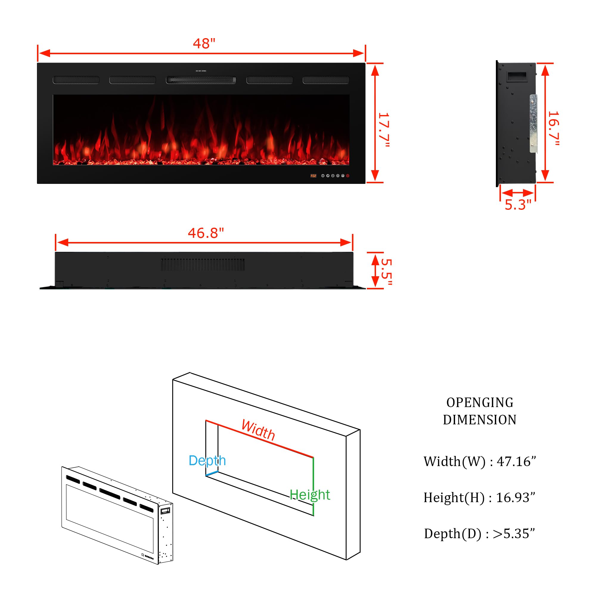Insertos de chimeneas eléctricas inteligentes de 48 pulgadas, control remoto y pantalla táctil y control por aplicación, calentador de chimenea empotrado y montado en la pared con 2