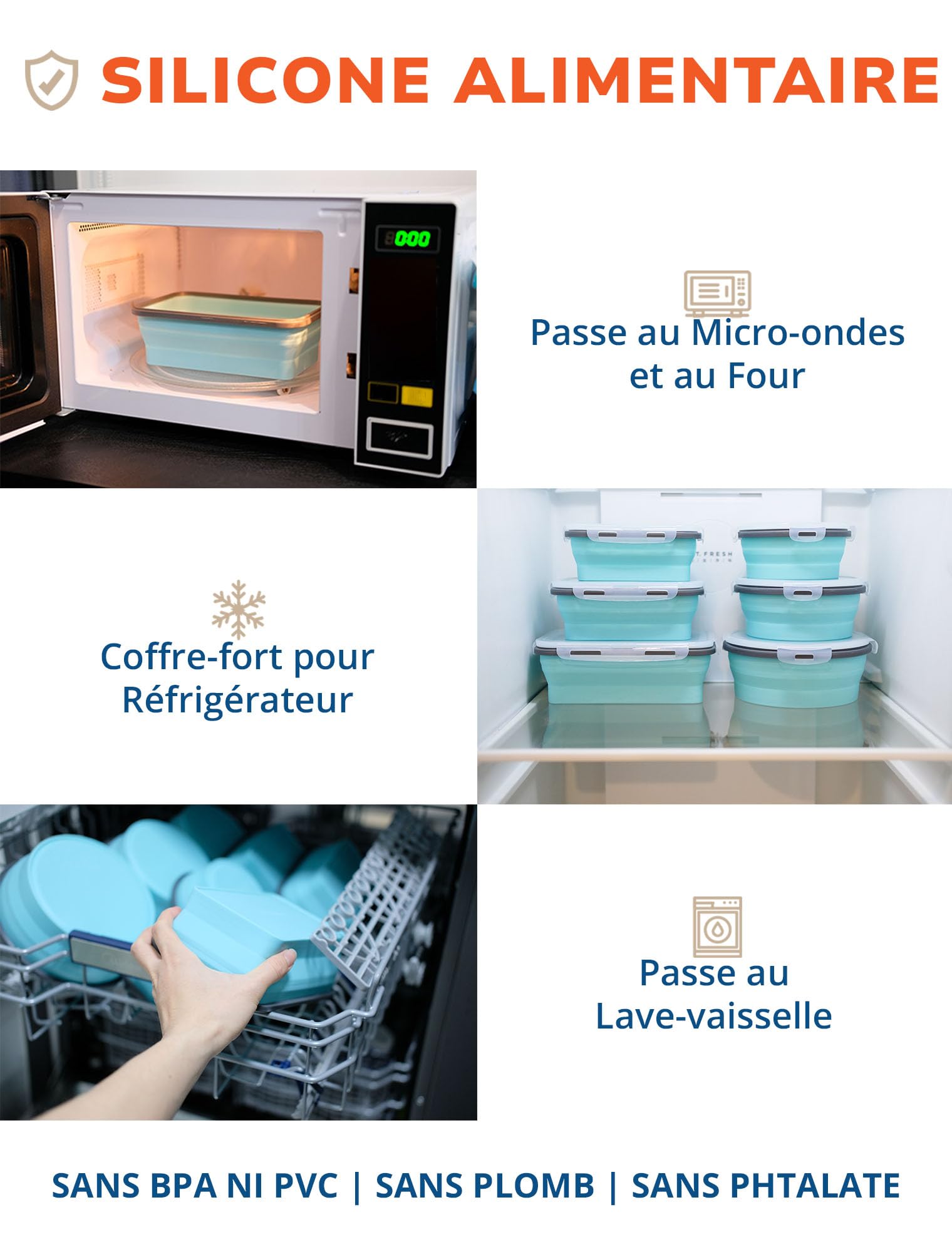Lunememo Lot de 8 boîtes alimentaires pliables en silicone avec couvercles, passent au congélateur et au lave-vaisselle, boîte à déjeuner pliable pour camping-car, restes, collations, repas