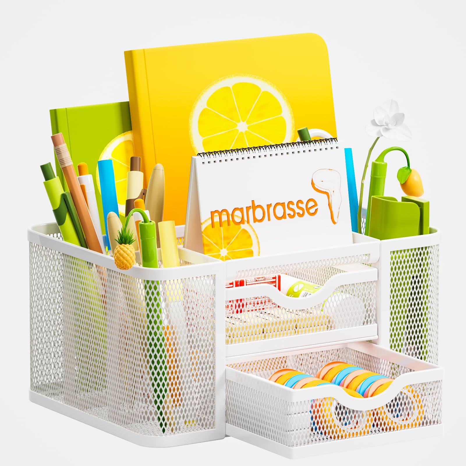Marbrasse Organizer Scrivania,Multifunzionale Porta Penne da Scrivania,5 Comparti Rete Portaoggetti 2 Cassetti,Portapenne Scrivania,Portapenne per Casa Ufficio(Bianco)