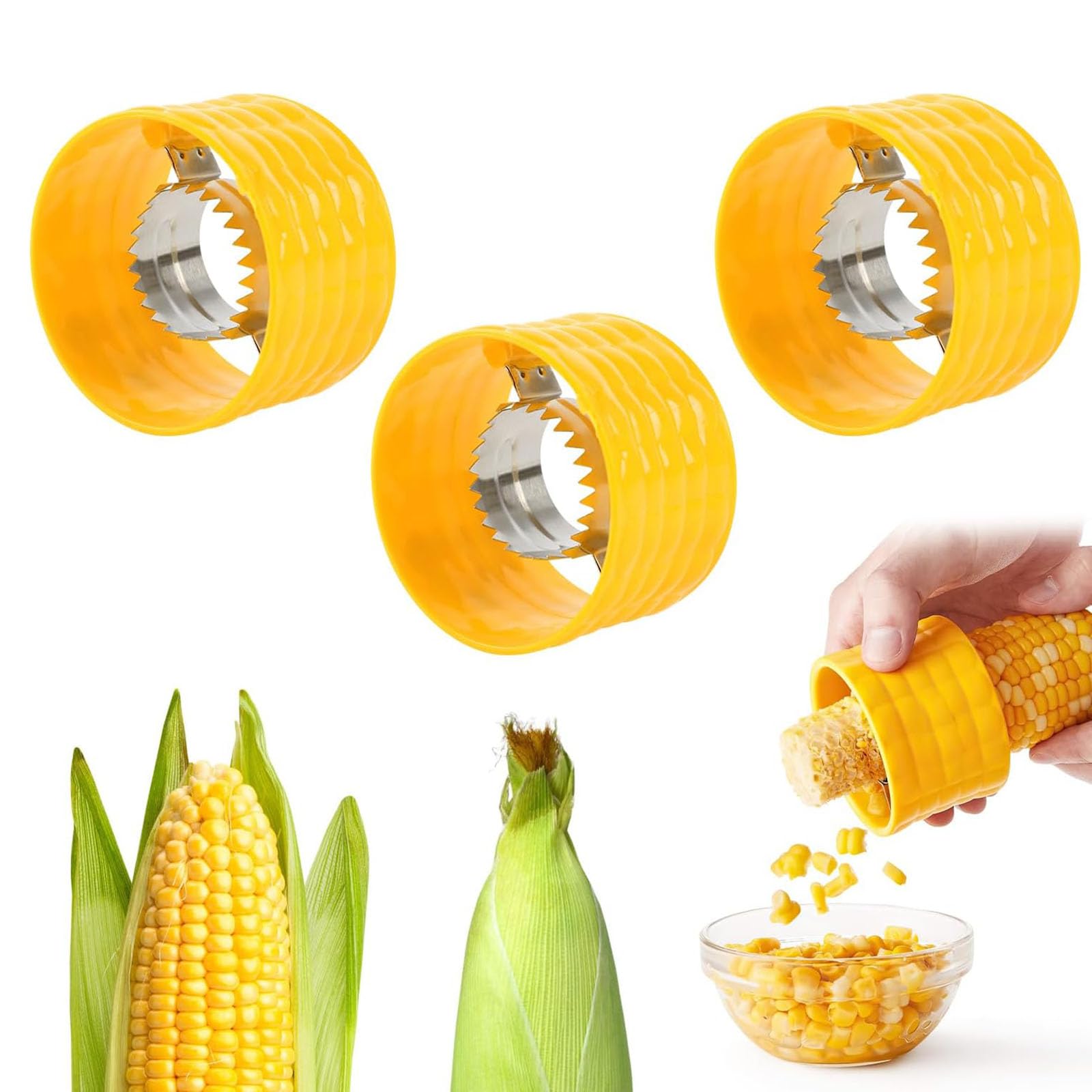 Rayyan Corn Cutter, with Built in Cup Grater, Corn Kernel Cutter Ginger Grater, Quick Corn Kernel Cutter Tool, Corn Cob Stripper, Corn Peeler(Pack of 3, Yellow)