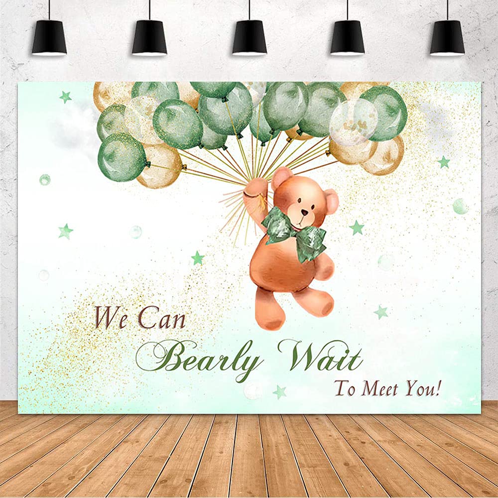 MEHOFOND Bear Baby Shower Backdrop for Boy We Can Bearly Wait to Meet You Green Brown Balloons Gold Glitter Photography Background Party Banner Cake