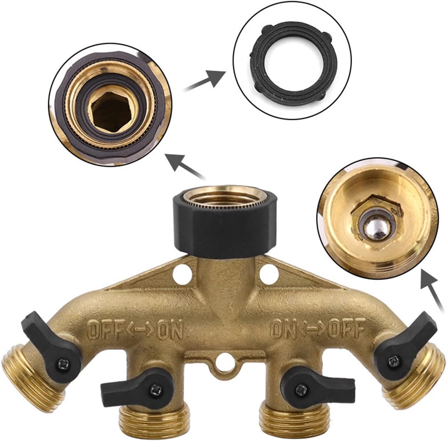 Brass 4-Way Ball Valve Water Separator Garden Watering Irrigation Family Car Wash Diverter Hose Distributor