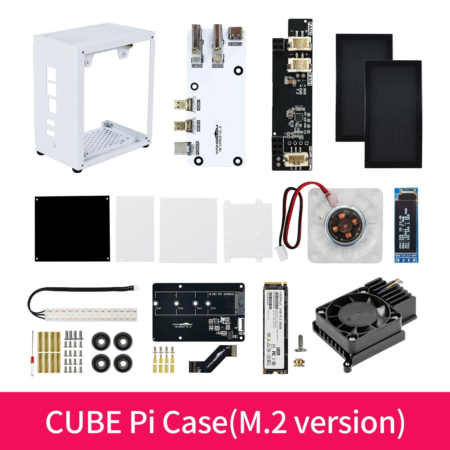 Yahboom Raspberry Pi 5 M.2 SSD PCIe Mini PC pour Pi 5 avec Radiateur Tour, Ventilateur RVB, écran OLED, avec Adaptateur M.2, SSD NVME 256 Go