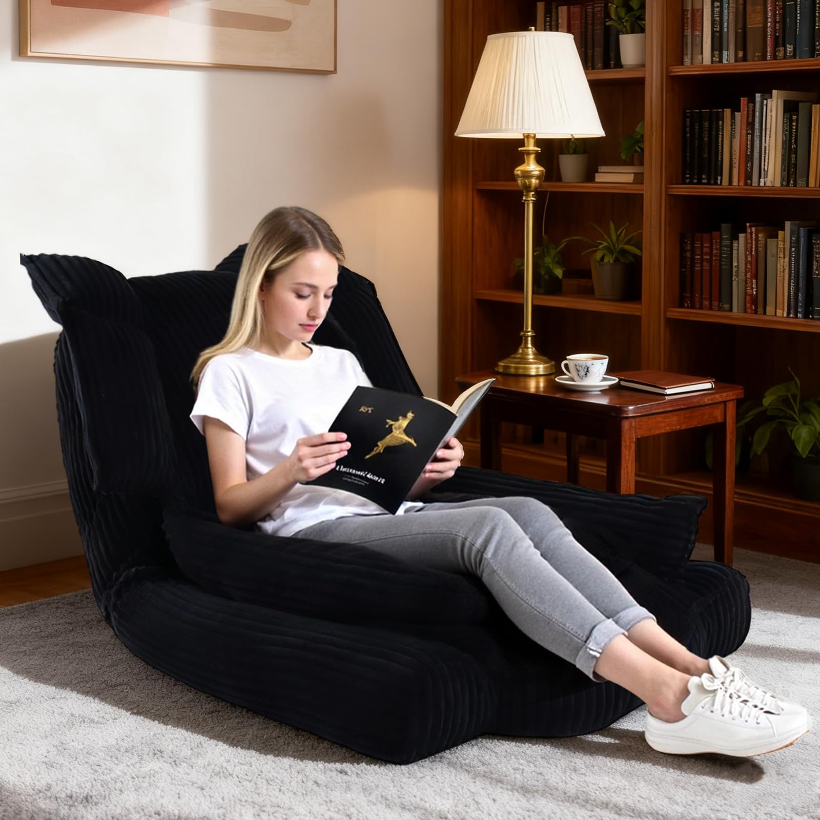 Bodenstuhl mit Rückenlehne, 5-Fach Verstellbarer Relaxsessel & Liege, Faltbarer Gaming-Stuhl mit weichem Sitzpolster, bequemer Lesesessel für Wohnzimmer & Schlafzimmer