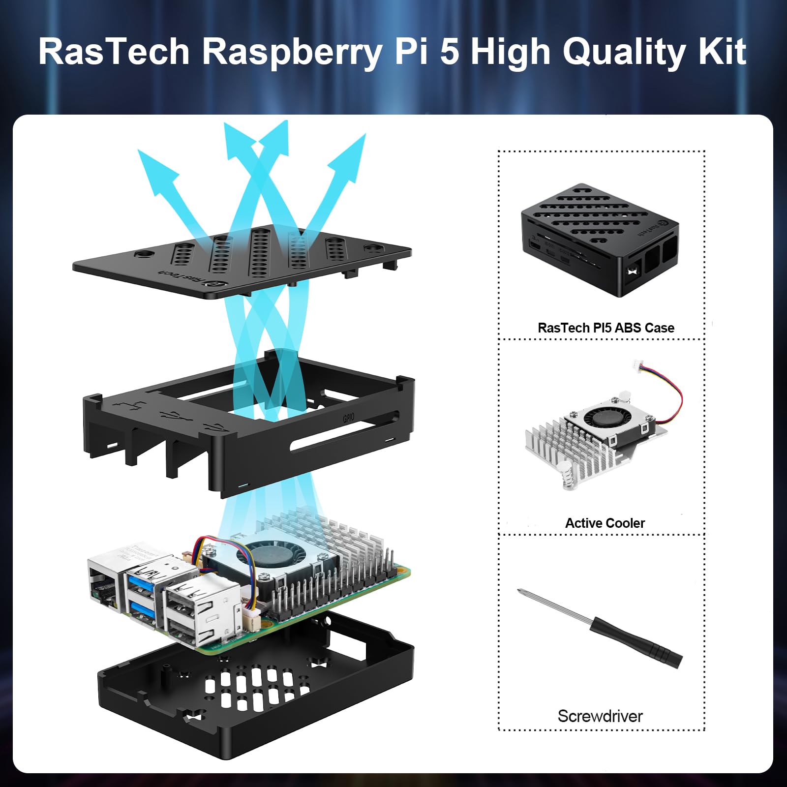 RasTech Raspberry Pi 5 Kit RAM 4 Go avec boîtier Pi 5, refroidisseur actif, tournevis et carte Pi 5 4 Go inclus