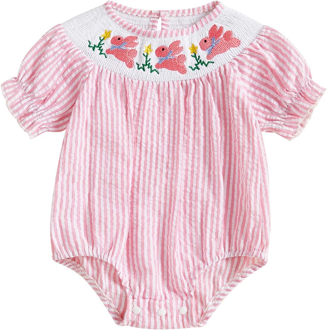Baby Girl Easter Outfit Smocked Romper Dress Rabbit Embroidery Short Puff Sleeves Bodysuit Jumpsuit Spring Clothes