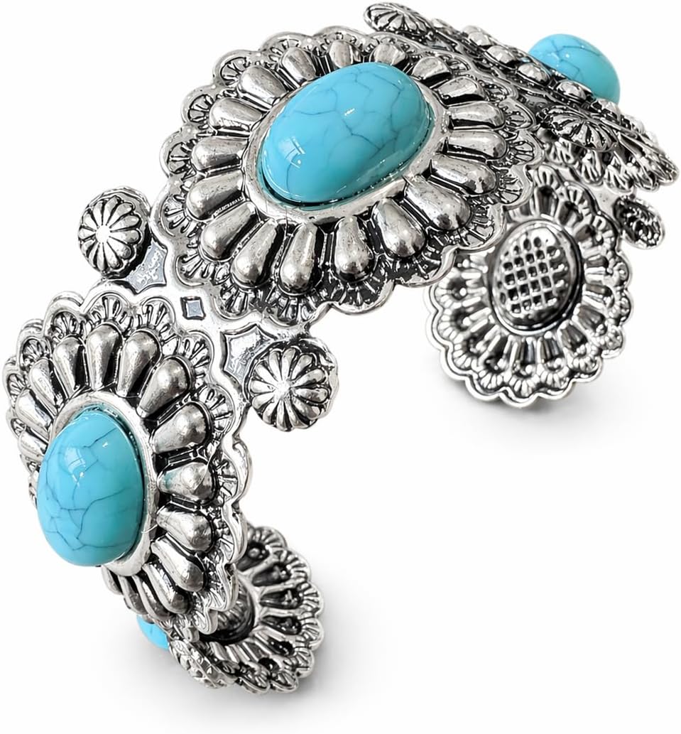 Western Cuff Bracelet for Women, Vintage Engraved Open Bangle with Turquoise Color Faux Stone Accent, Southwestern Cowgirl Country Jewelry Gift
