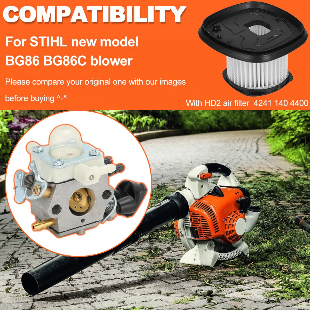 ZAMDOE Carburateur BG86 pour Stihl BG86C moteur de souffleur de feuilles, 4241 120 0623, 4241 120 0616, avec filtre à air HD2 + bougie d'allumage + conduite de carburant + filtre à carburant