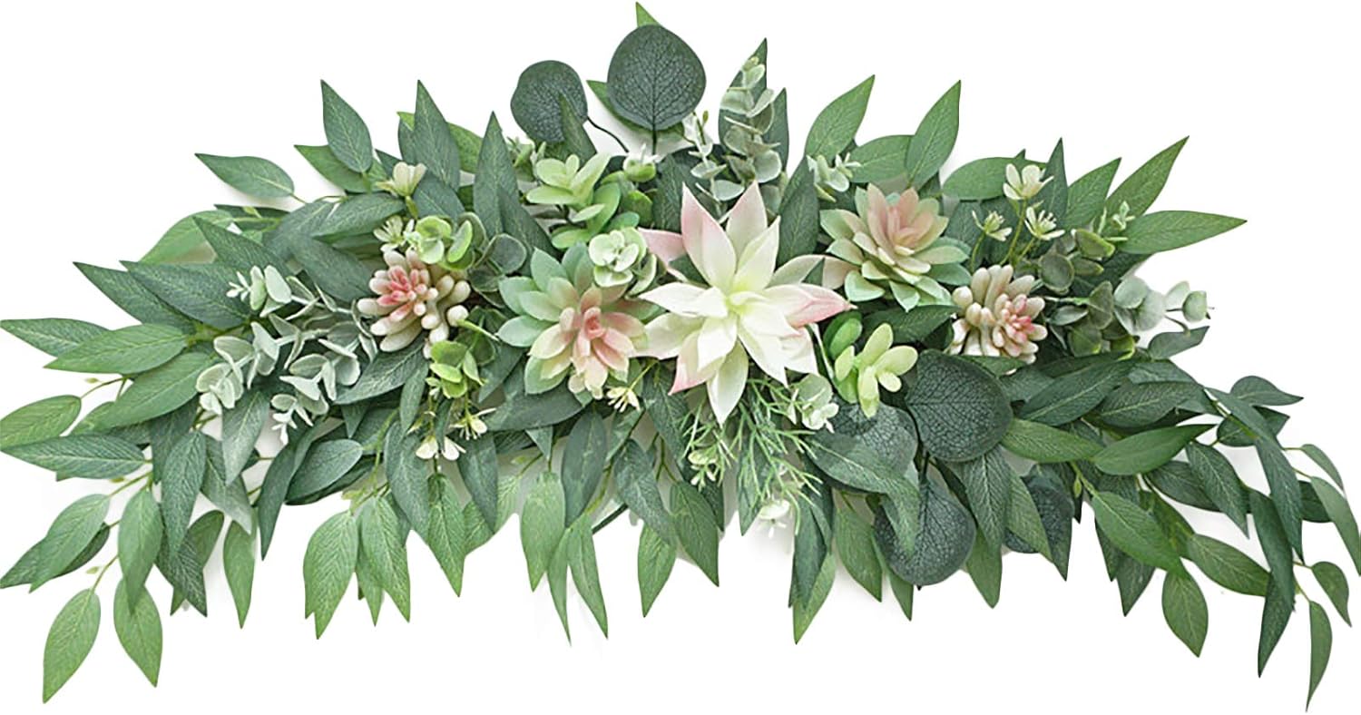 27.6inch Artificial Eucalyptus Swag Decorative Swag with Simulation Succulents Spring Floral Swag Wreath for Home Wedding Arch Wall Decor, Green