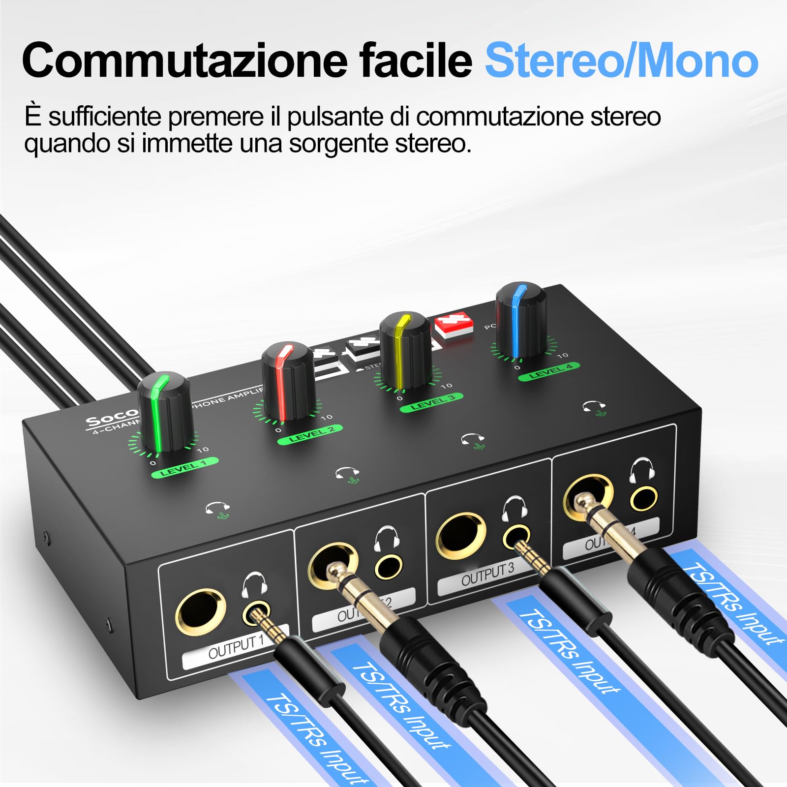 Amplificatore per Cuffie 4 Canali, Mixer Compatto in Metallo con 8 Uscite, Jack 3,5 mm/6,35 mm/RCA, Interruttore Stereo, Mute, Luce RGB