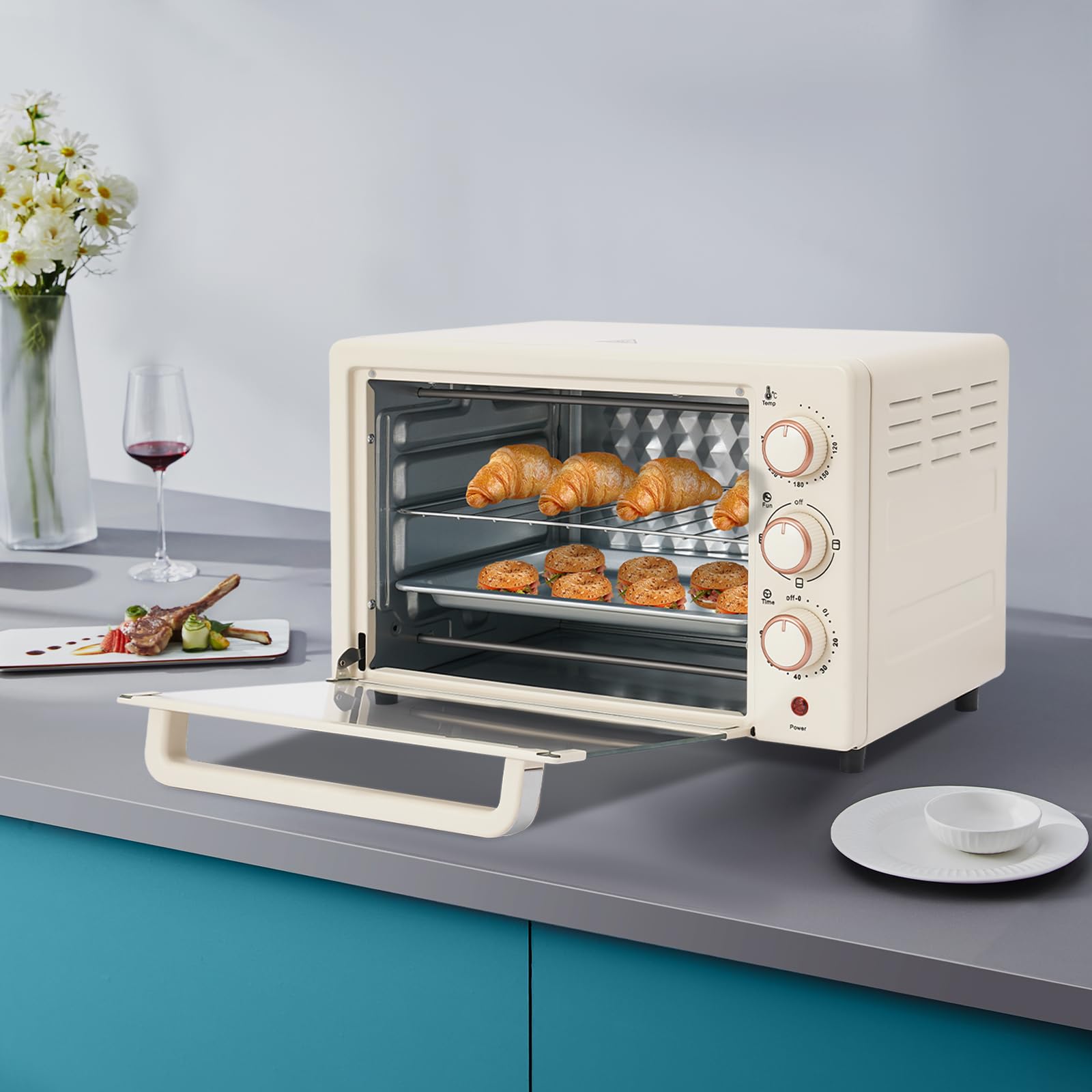 Mini forno da 22 l con convezione, forno elettrico, 1000 W, per presa, forno da tavolo con timer per pizza, pane, barbecue, compatto per cucina, campeggio, appartamento degli studenti