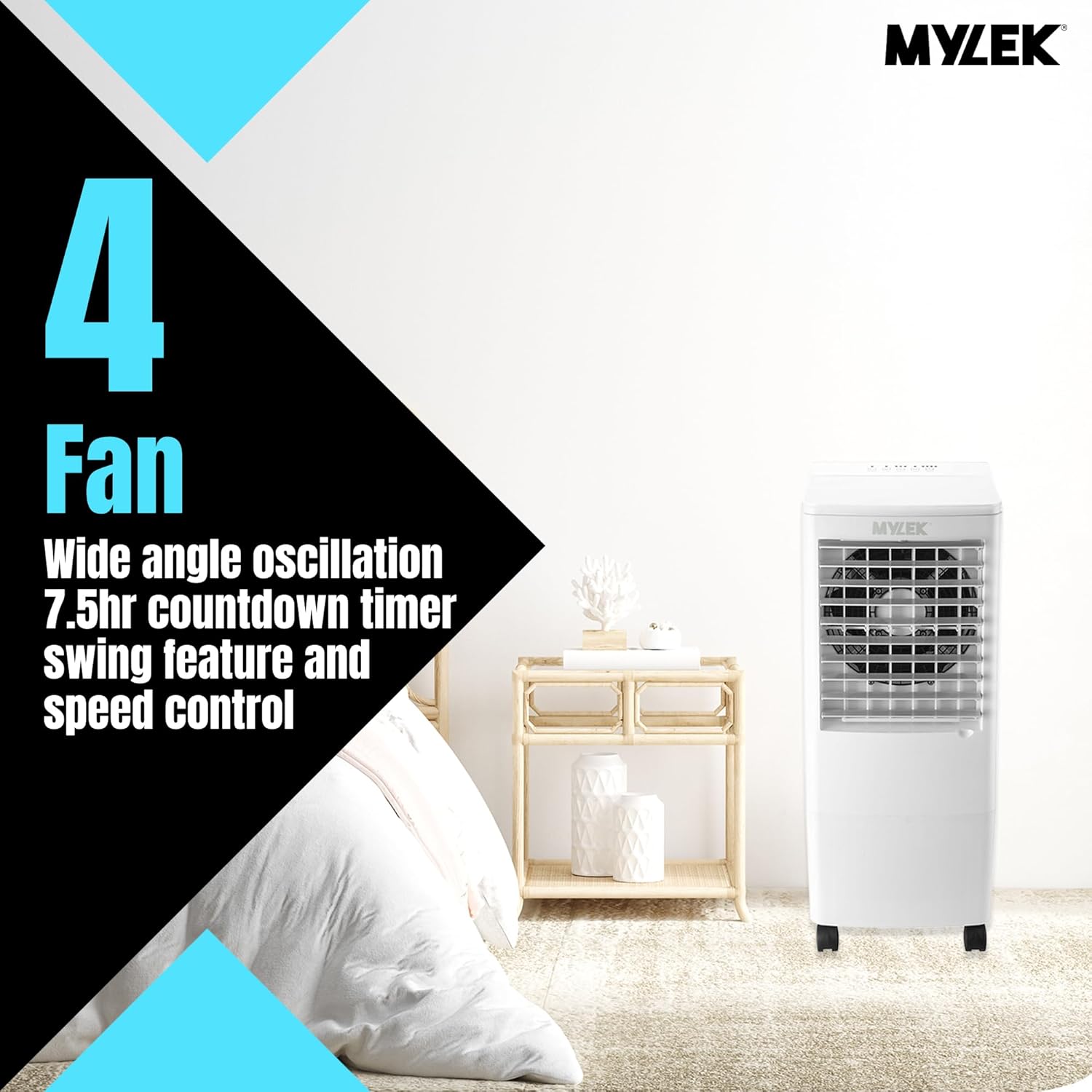MYLEK Air Cooler in a bedroom, labeled '4 Fan'