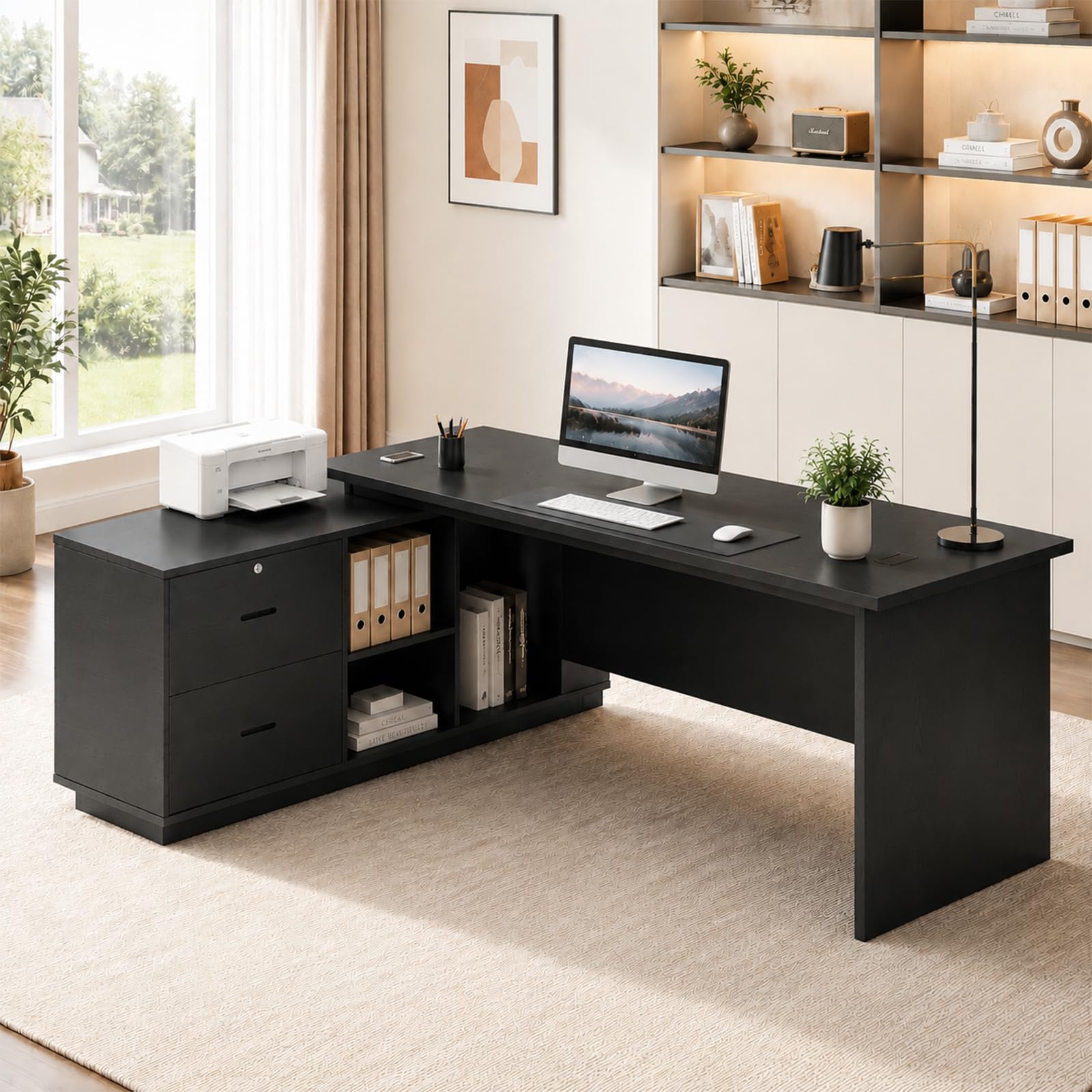 Escritorio Ejecutivo Grande con Almacenamiento y Cajones, Escritorio de Oficina, Estantes Abiertos y Gestión de Cables, para Oficina, Despacho y Teletrabajo