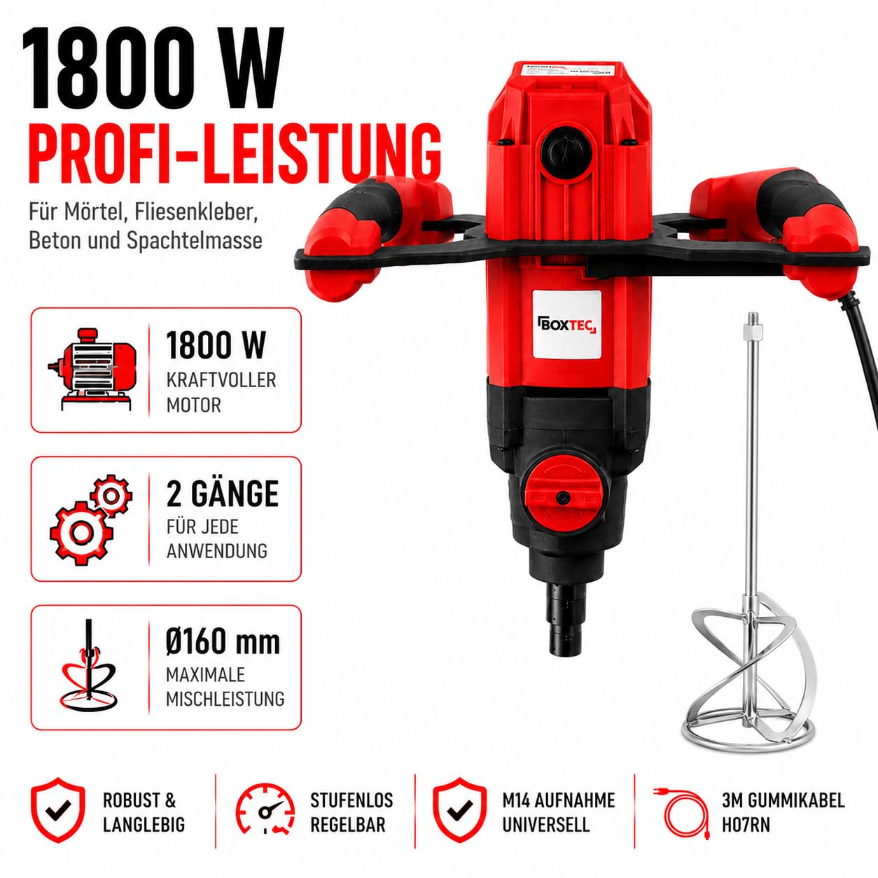 BOXTEC MXE 1800 W 2-Gang PROFI Rührwerk inkl. M14 Rührkorb