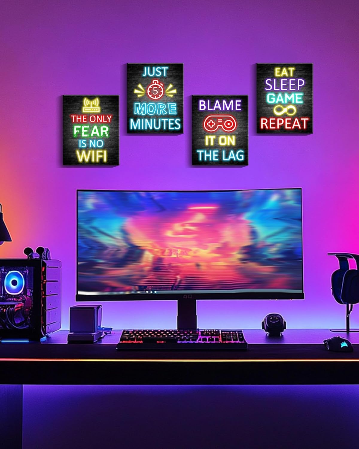 KUVIOKE Video Gamer Room Decor for Teen Boys Gaming Wall Art Gamer Neon Sign Teenage Bedroom Decor Ready to Hang Set of 4, 8x10in (Framed) - Image 6