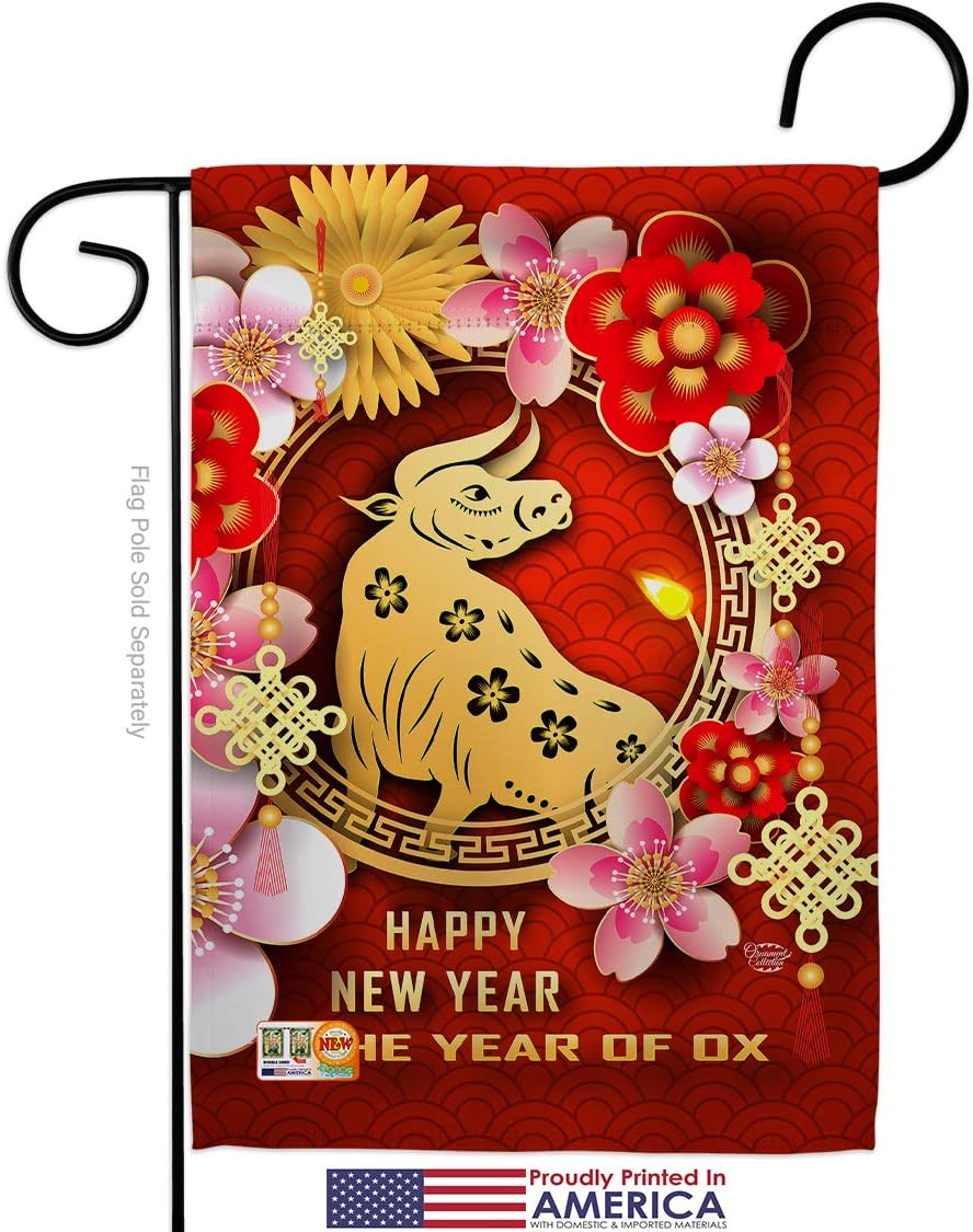 Year Of Ox Garden Flag Set Wall Holder New Lunar Good Luck Prosperous Seasonal Arrival Blessing Small Decorative Gift Yard House Banner Made In USA 13 X 18.5