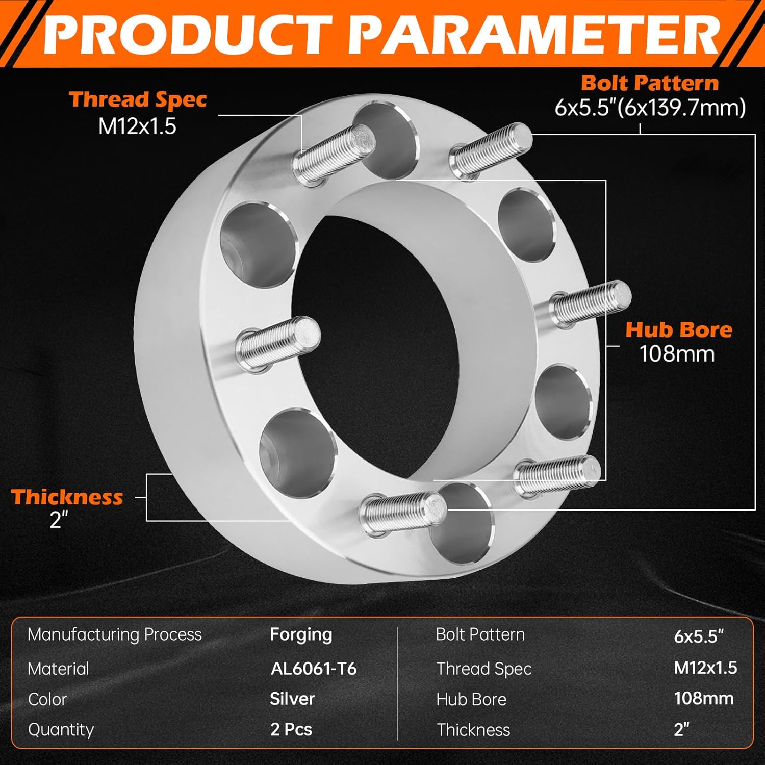 GAHA 6x5.5 Wheel Spacers M12x1.5 Studs Compatible for Mitsubishi Toyota T100 1993-1998 Chevrolet Ford GMC Isuzu Honda Kia Dodge Ram 50 1985-1993,108mm Hub Bore 6x139.7 Forged Adapters 2 inch, 2PCS