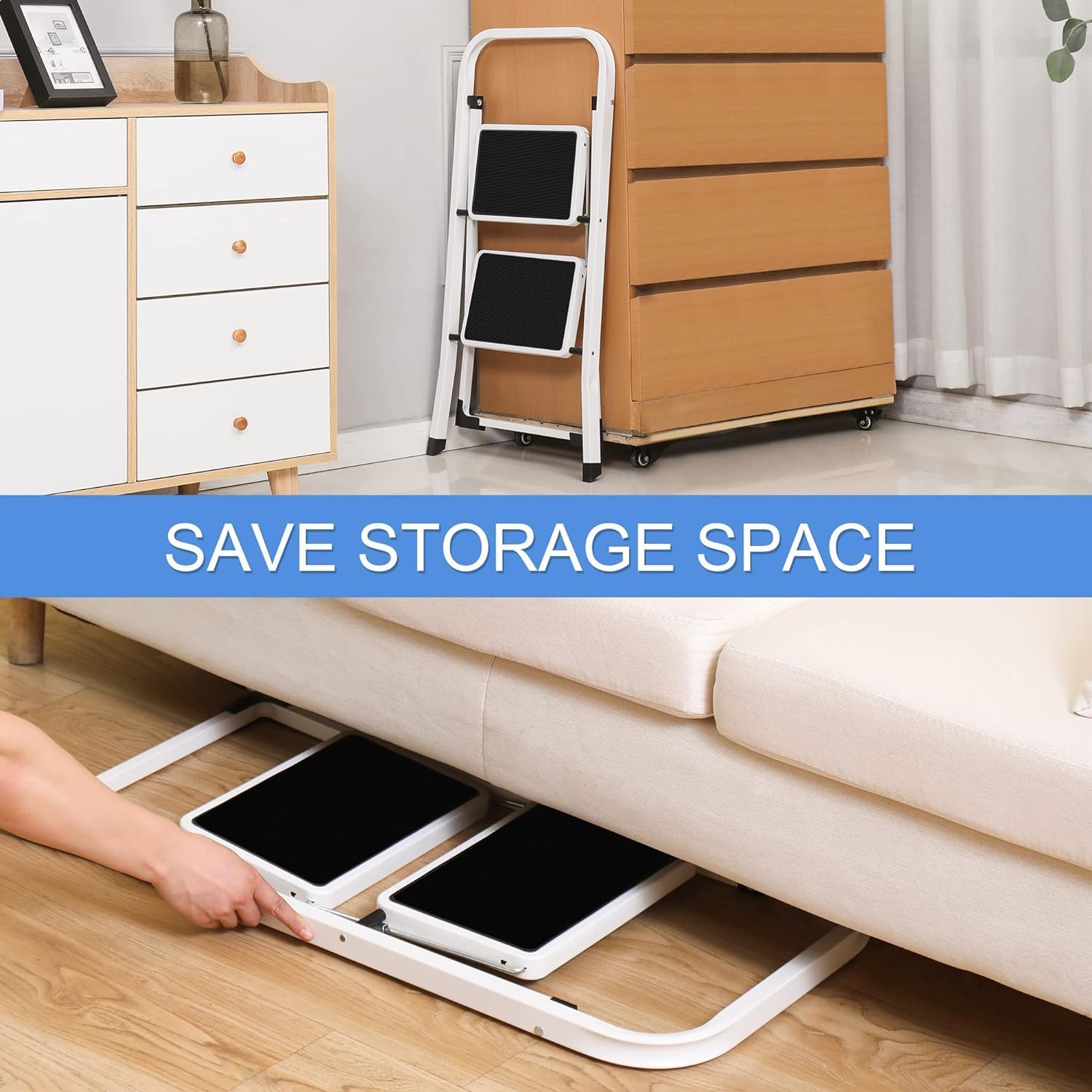 J&V TEXTILES 2 Step Ladder, Lightweight Folding Step Stools for Adults with Anti-Slip Pedal, Portable Sturdy Steel Ladder with Handrails, Perfect for Kitchen & Household, 330 lbs Capacity (2 Step)