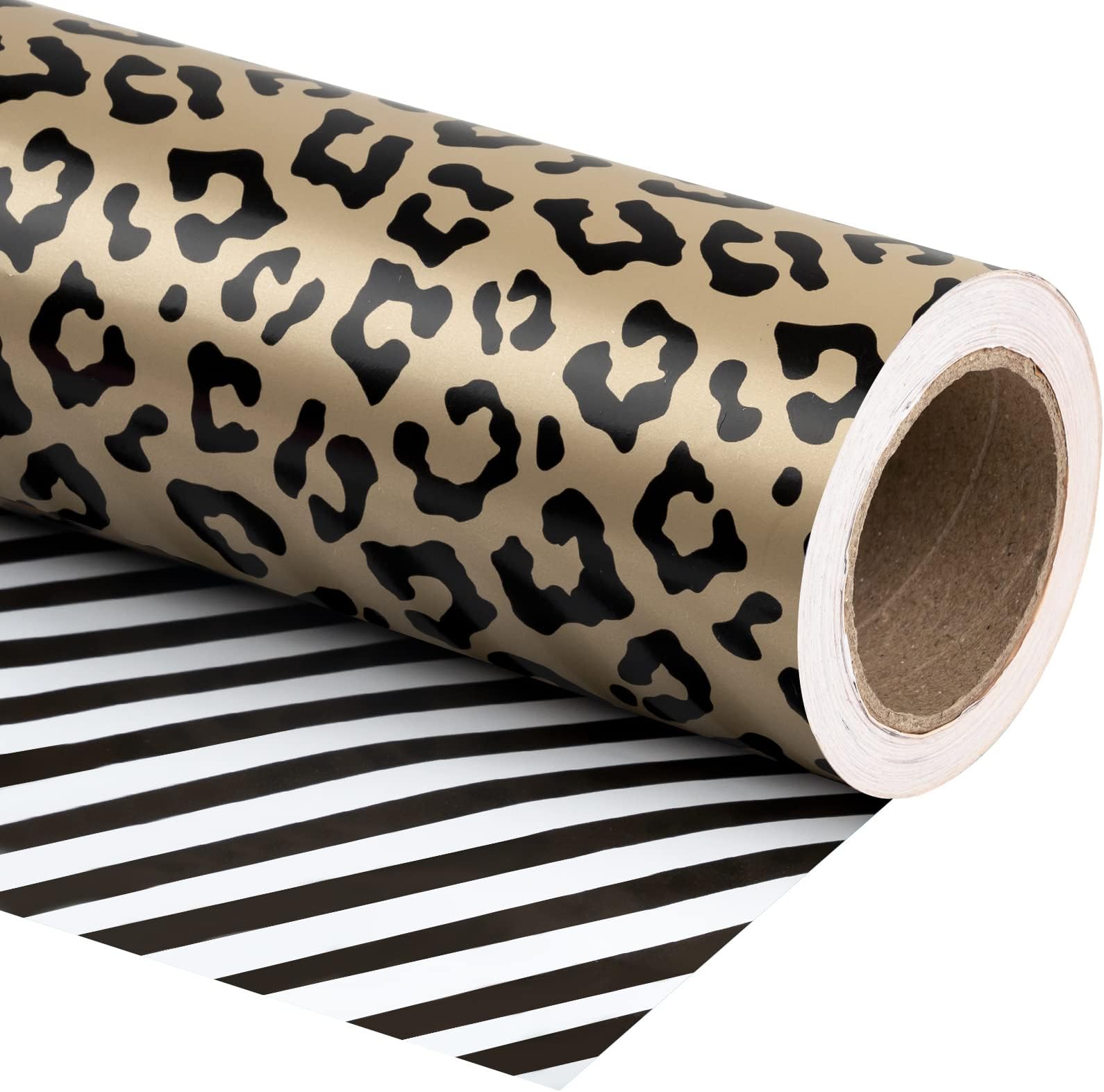WRAPAHOLIC Reversible Leopard Wrapping Paper - Mini Roll - 17 Inch X 33 Feet - Leopard Print with Metallic Foil Shine and Stripe Design for Birthday, Holiday, Baby Shower