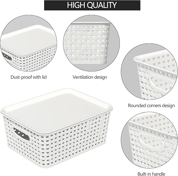 6-Pack White Plastic Storage Baskets with Lids, Stackable Containers for Organizing Shelves, Drawers, Desk Closets, Playrooms, Classrooms, Offices
