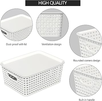 6-Pack White Plastic Storage Baskets with Lids, Stackable Containers for Organizing Shelves, Drawers, Desk Closets, Playrooms, Classrooms, Offices